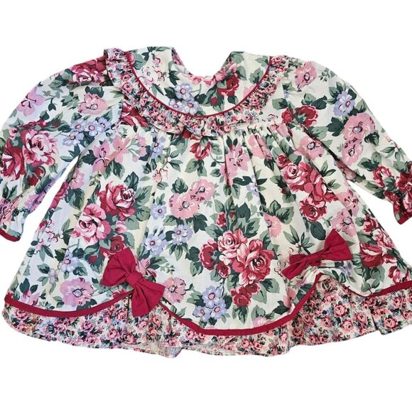 2 Vintage 90s Girls 18 Month 2T Floral Party Dresses Layered‎ Pink Collar Formal - Picture 2 of 14